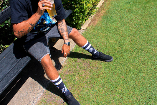 bittersweet socks rose knife black and white socks switchblade flick knife beer bowlo bowls club fashion style lifestyle photography unisex mennie brand socks best socks Byron Bay Australia